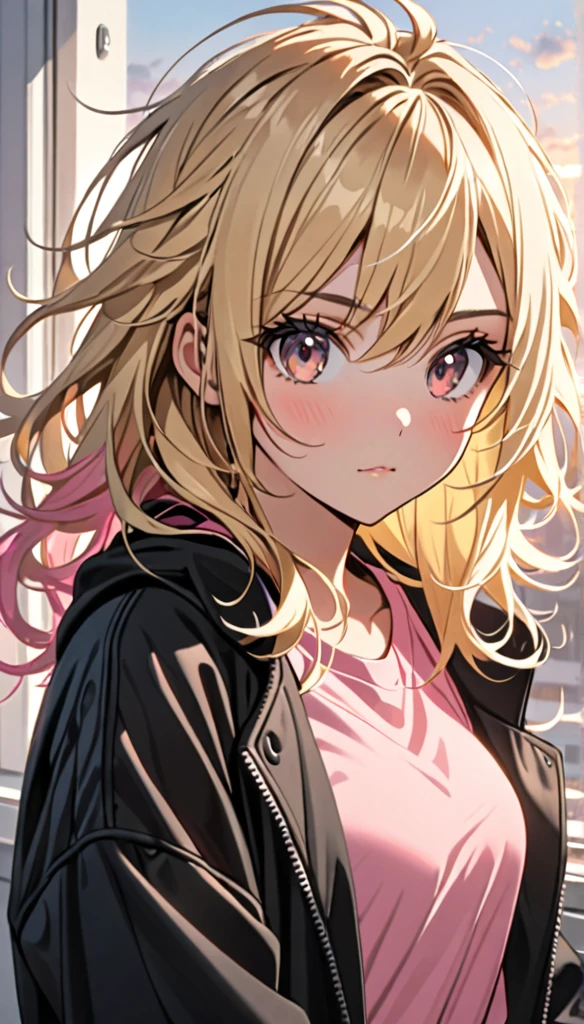 Beautiful and blond, messy styled hair, wearing a black jacket, pink shirt, morning, looking at the viewer,