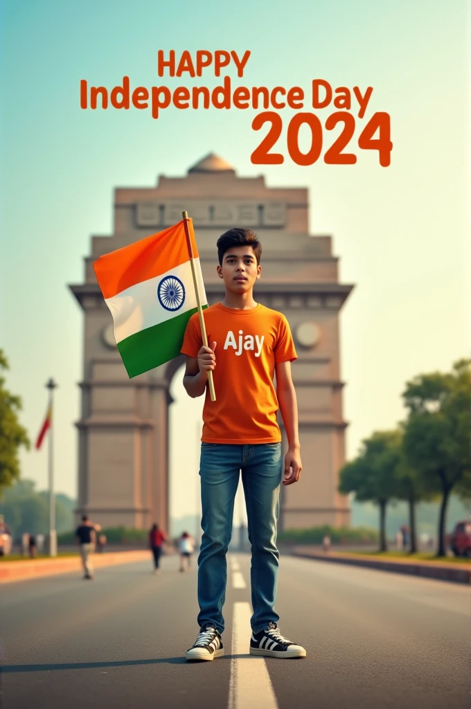 A real 20 years old boy, Wearing Orange T shirt blue jeans sneakers and the name "Ajay" is written on his t-shirt and the boy is standing on the road with holding a national flag of India, and behind him is the India gate Delhi. And "Happy Independence Day 2024" written at above sky Create Realistic image high quality.