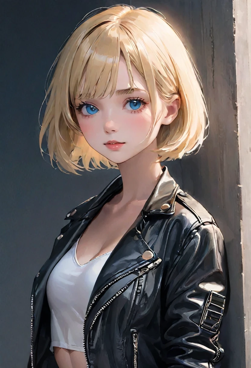 Highest quality、masterpiece、(((Black leather jacket:1.37、Black leather jacket、Black jacket)))、break、angle above the knee、Beautiful and fair、Glowing Skin, 3 Up, Nice, bright, Refreshing and gentle look, Perfect beautiful face、Blonde Short Hair,Beautiful shiny bangs, Very beautiful girl, eyeliner, so perfect and beautiful、Sky blue eyes,Small breasts,The original skin is visible through the grooves、break、(((White Latex Bra:1.37、タイトなWhite bra、White bra))),break、(((American Bike、Harley-Davidsonのモーターサイクル)))、nice、Dim lighting、Black Wall、Spotlight