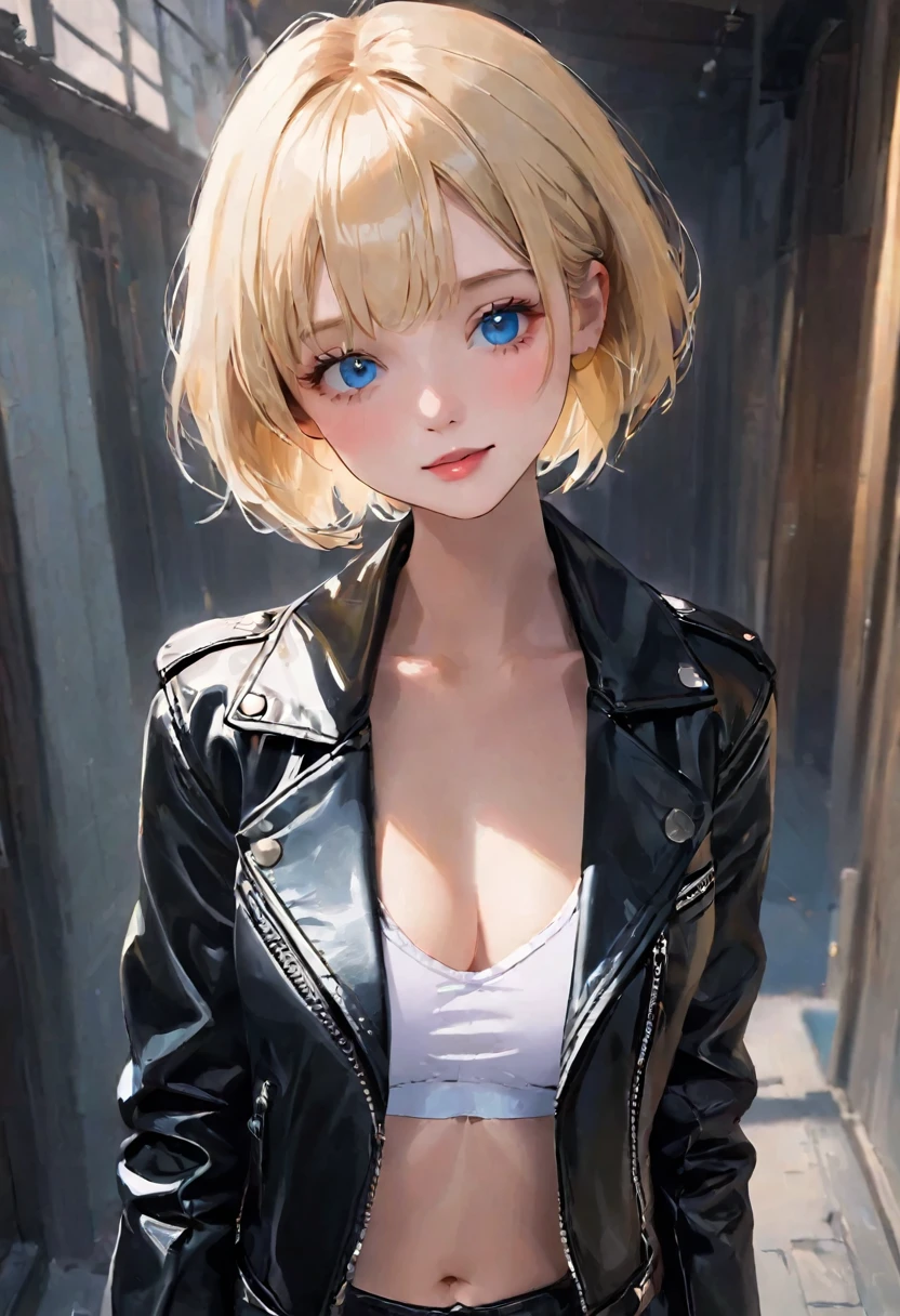 Highest quality、masterpiece、(((Black leather jacket:1.37、Black leather jacket、Black jacket)))、break、angle above the knee、Beautiful and fair、Glowing Skin, 3 Up, Nice, bright, Refreshing and gentle look, Perfect beautiful face、Blonde Short Hair,Beautiful shiny bangs, Very beautiful girl, eyeliner, so perfect and beautiful、Sky blue eyes,Small breasts,The original skin is visible through the grooves、break、(((White Latex Bra:1.37、タイトなWhite bra、White bra))),break、(((American Bike、Harley-Davidsonのモーターサイクル)))、nice、Dim lighting、Black Wall、Spotlight
