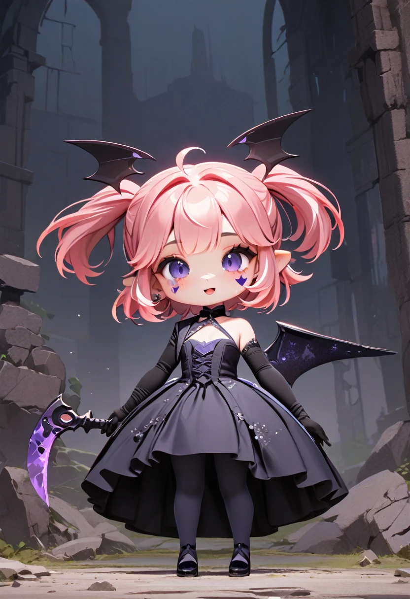 master piece, best quality, ultra-detailed, illustration, midnight, gloomy atmosphere, broken church, alter isle, broken walls, ruins, purple flames, 1girl, solo, chibi, (big head), cute pose, front view, looking at viewer, ((full body Close up)), chubby, fat, 1girl, solo, camilavtuber, ((pink hair)), (twin-tail hair), short hair, shoulder length hair, (black head wings:1.3), purple eyes, (facial mark), open mouth, smiling, slim arms, black laced arm sleeves, (black gloves), (holding heavy sword),small chest, (single back wing:1.4), tail, black wedding gown, slim legs, black laced stockings, black high heels, full body shot, close up, innocent pose, Eye-Level Shot, front view, innocent pose