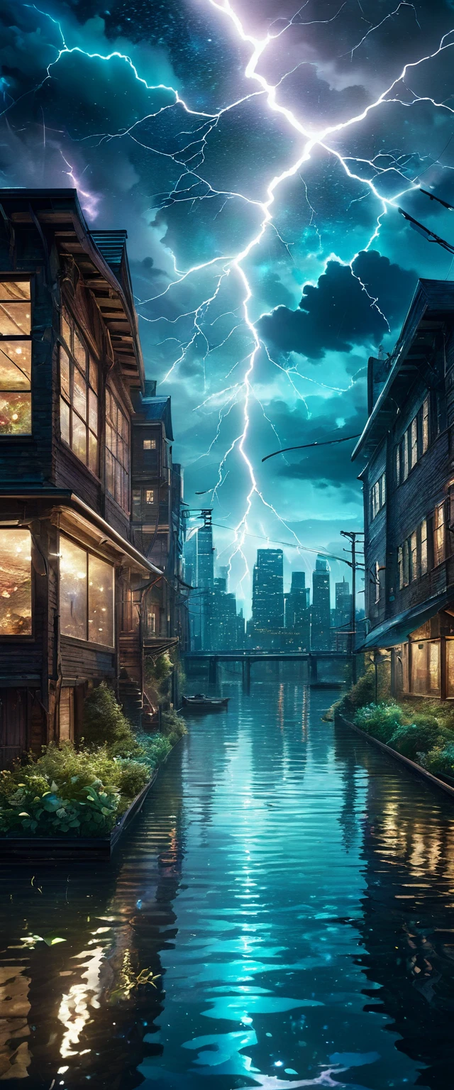 psychedelic sunset, outdoors, sky, storm clouds, thunder, lightning, water, no_humans, cloudy_sky, building, star_(sky), scenery, lens_flare, starry_sky, reflection, sunset, post apocalyptic city, post apocalyptic cityscape, post apocalyptic skyscraper, city_lights, diffraction, incredible color scheme, perfect color scheme 
 (perfect masterpiece,best quality, best resolutEvening Pond:1.5, ((Full shot:1.4)), ((beautiful lake at night in absolute darkness:1.5)), ((fireflies flying around illuminating the lake:1.5)), ((ultra detailed:1.5)), in the water reflects the lights of the fireflies:1.2, idyllic, dreamy, fantasy:1.3)), dark environment soft moonlight reflecting in the water, ultra-realistic 8k, portrait, highly detailed 32k digital art, beautiful work digital art, ((bluish, cyan, brown colors: 1.2)), realistic digital art in 8k, soft lighting, (( Highly detailed: 1.4), (( masterpiece )), ( Hyper detailed and beautiful: 1.3), (Photorealistic
