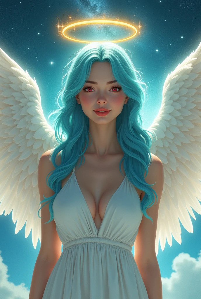 A woman, Cyan hair, Red Eyes, Smile, Angel Wings, Golden Halo, White Dress, upright, In outer space, Milky Way in the background, stars in the distance, Upper Body