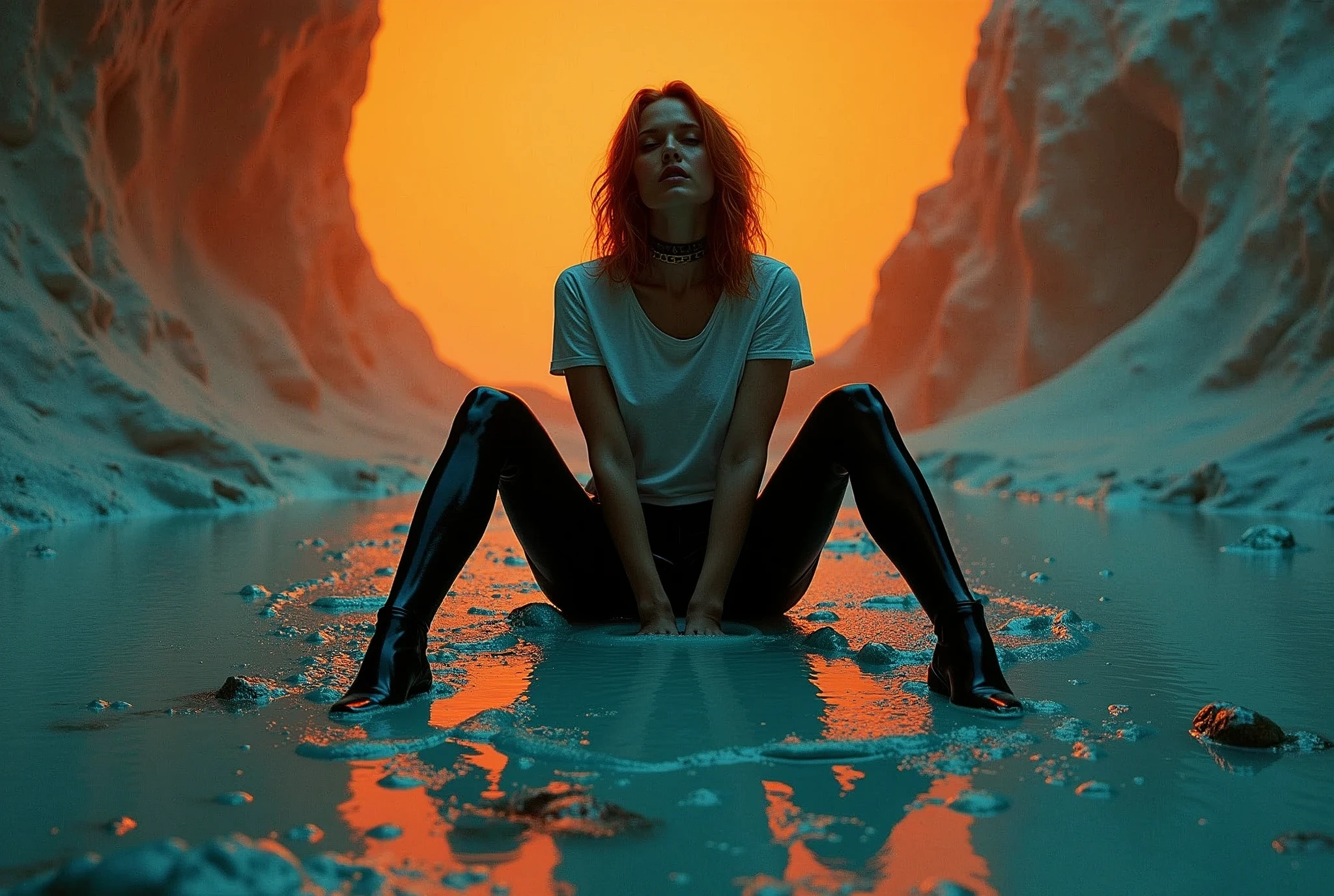 70s setting, grainy analog film, abstract art, stylish legend, artwork, conceptual art, fallen, drama, indulges in fetish, rubber black stockings, vintage liquid jeans cut-offs, t-shirt, slave collar, heels, sits in slime, orange blue, black, void