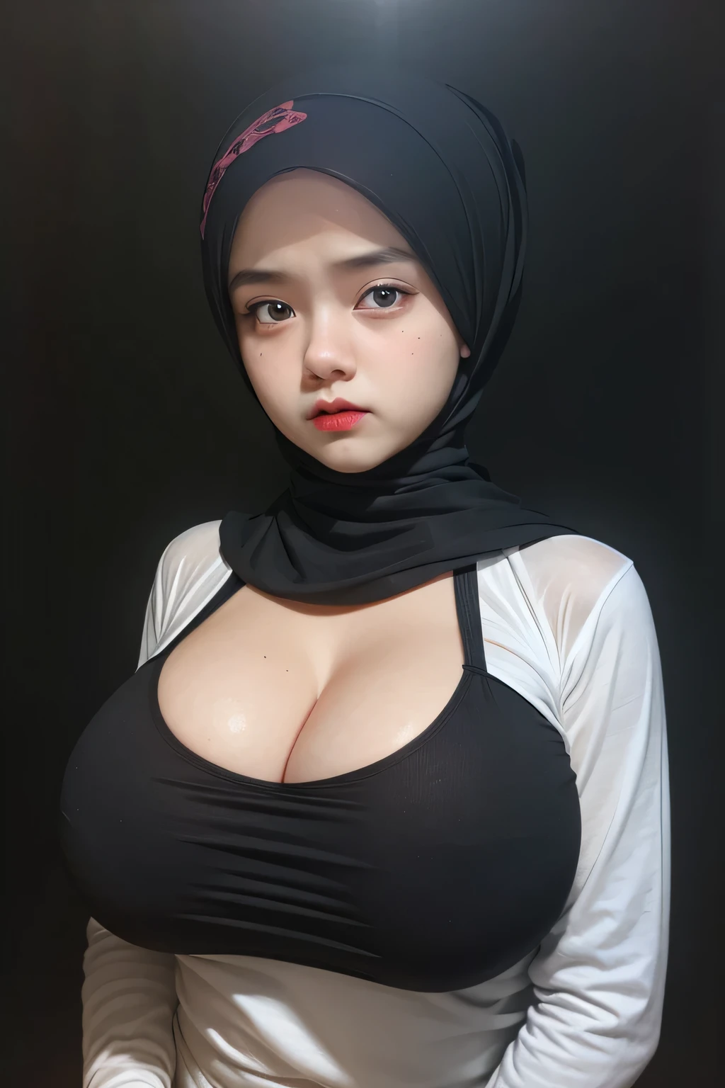 ((4x-UltraSharp)), ((Red Lips)), (((Jilbab))), ((GOTHIC GOTH GIRL BLACK LIPS)), Jumbo (Singlet), Chubby adorable, 1 girl, (face to face), 10 years old, baby face, angry face expression, half body portrait, (face details: 1), (eye details: 1), ((big breasts)). wearing transparent transparency soft long shirt, .. Cute posed. proportional body. Ultra High Res. realistic: 1.4, UHD, ((Python pattern)), ((Bigger:2.4)), (((DARK BACKGROUND)))