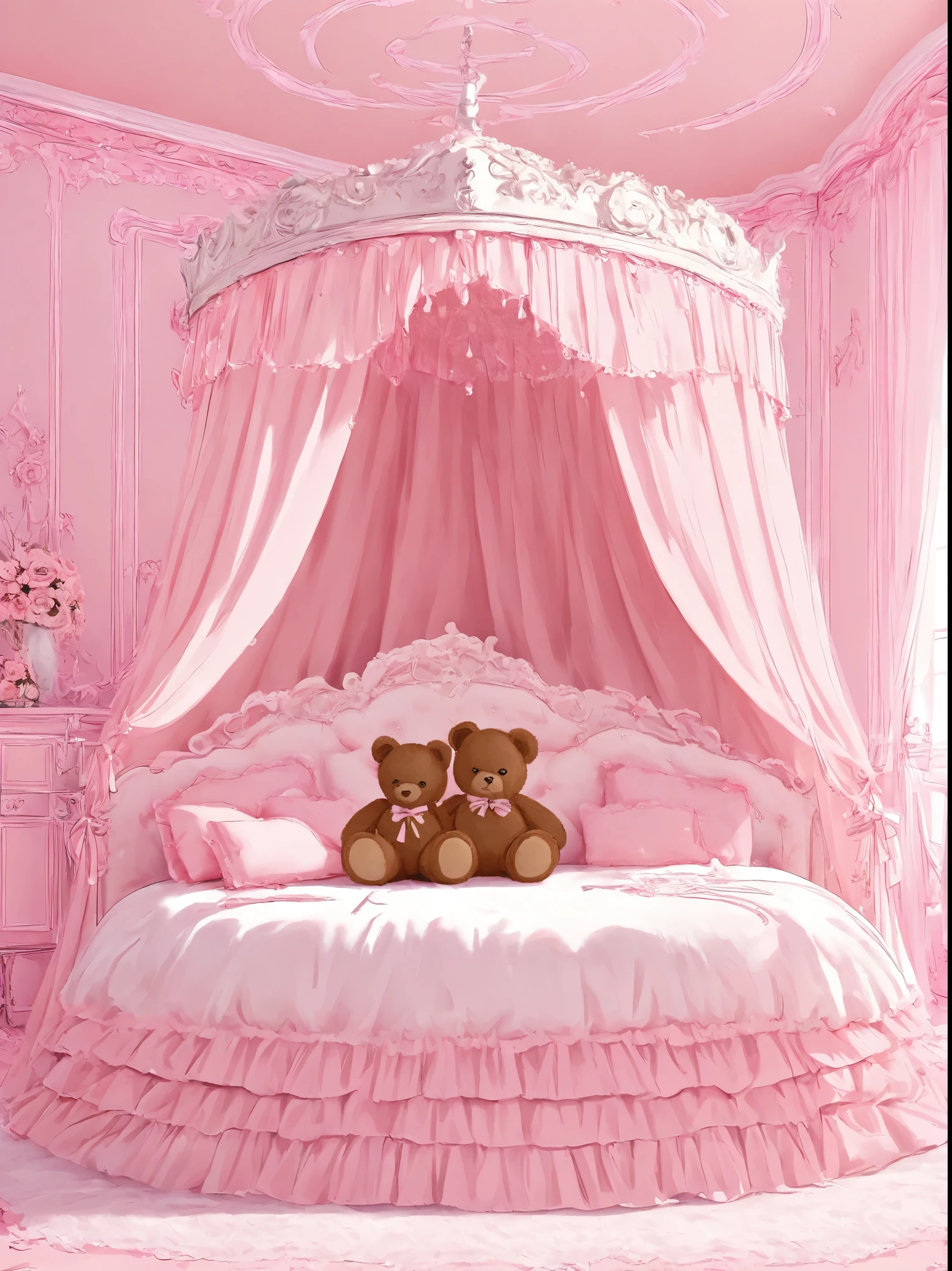 Pastel Pink,pastel colour,Light purple,Cute room,Canopy bed,Teddy bear,Ribbon,Pink floor,background