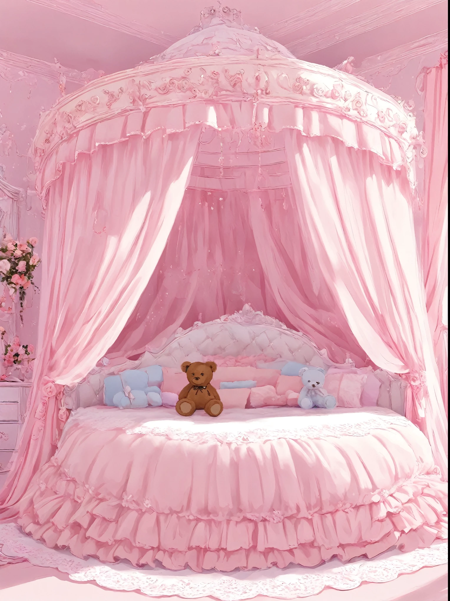 Pastel Pink,pastel colour,Light purple,Cute room,Canopy bed,Teddy bear,Ribbon,Pink floor,background