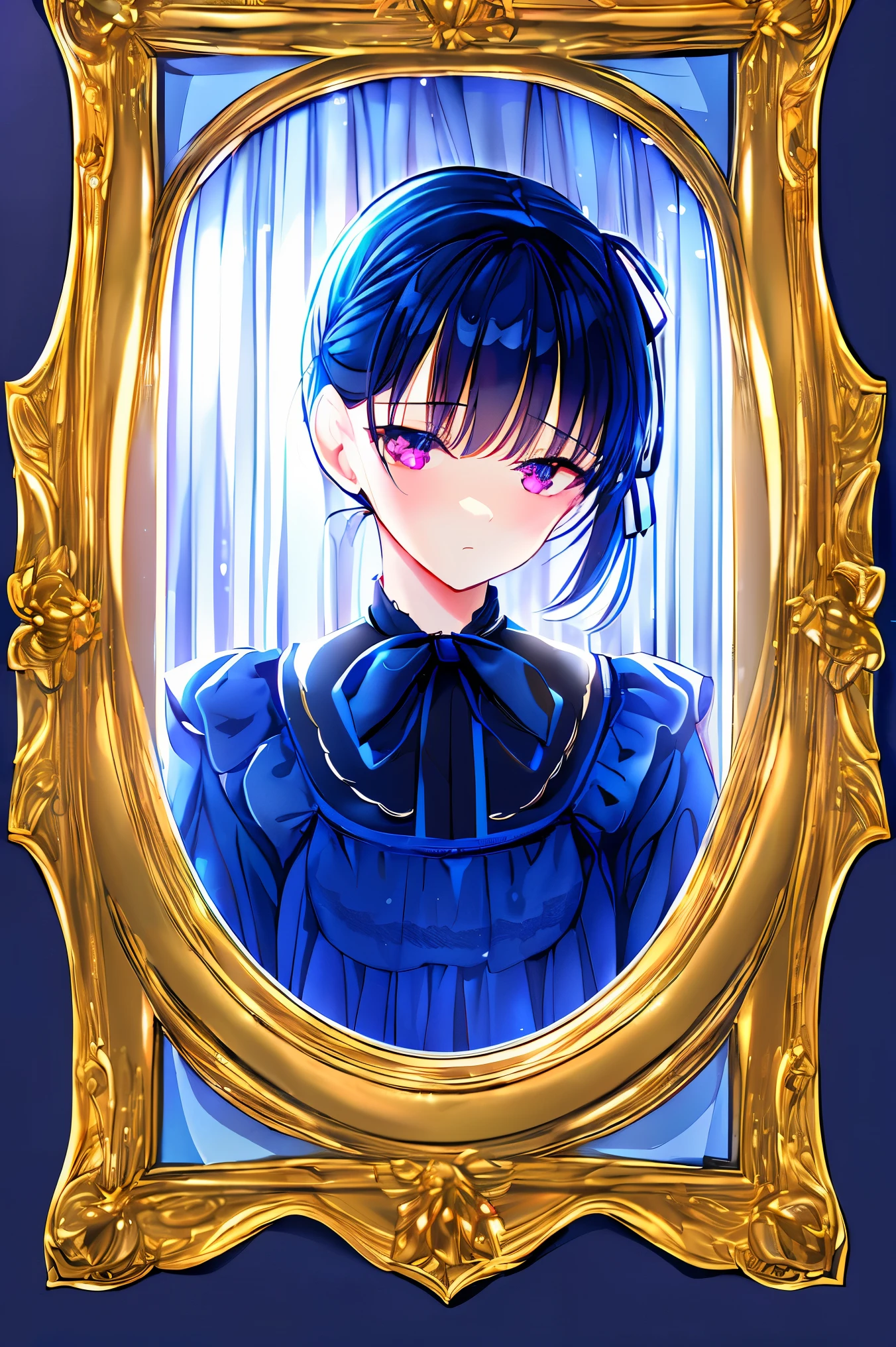 dark blue hair, short ponytail, ribbon, reflection light, Romanticism, anatomically correct, textured skin, masterpiece, accurate, high quality, highres, best quality, high details, 16k, Gothic Lolita, Lolita fashion,  girl, Sunflowers in the background, Summer vacation