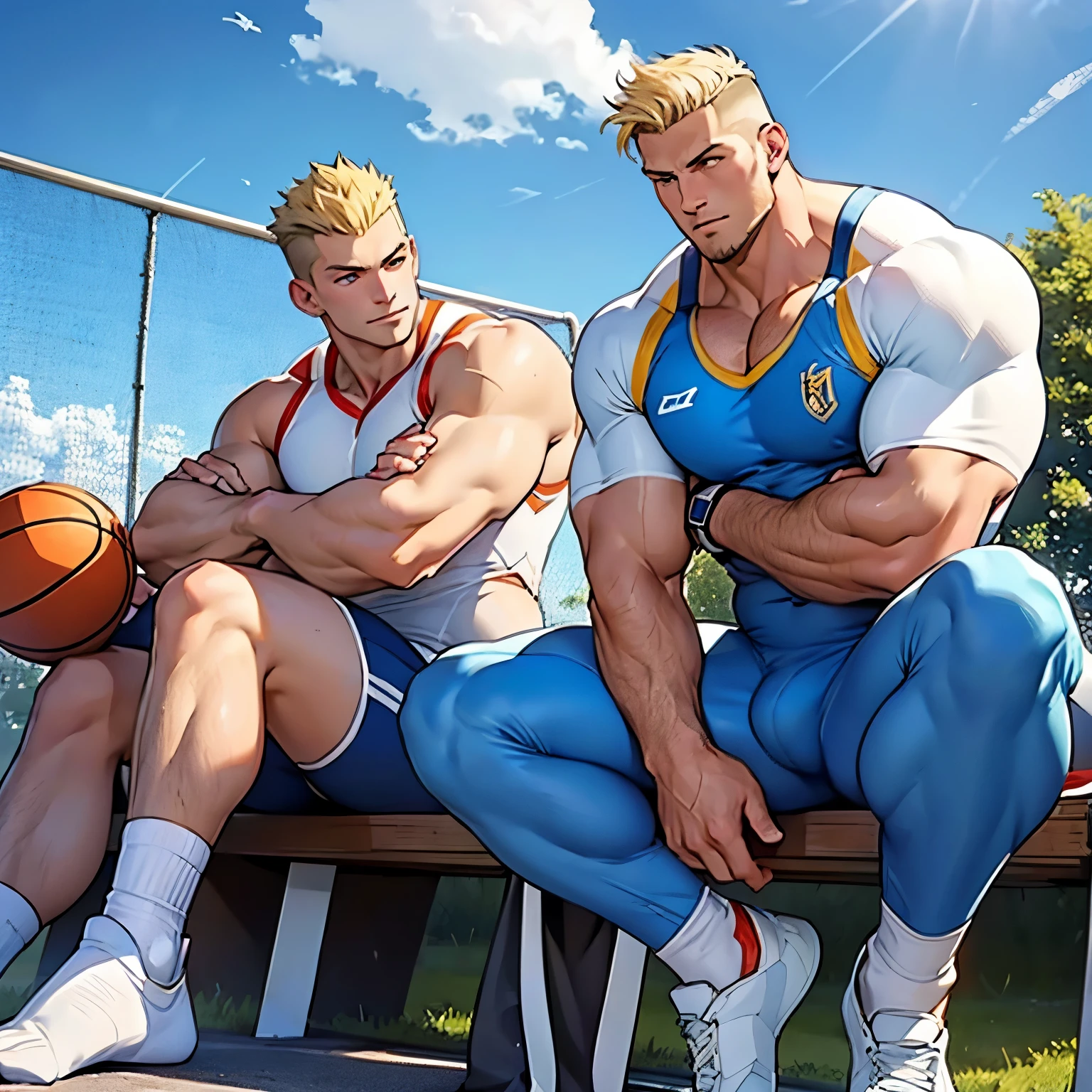 full view full body, two arrogant different monstruously over-muscular college white european blonde handsome young football linemen with blonde short undercut haircuts, in white socks, no shoes, over-inflated and over-bloated shoulders, abs, pecs, biceps and legs, wearing blue shiny lycra skinsuits, golden rings, sitting on bench in their socks, posing, showing massive over-inflated biceps, feeling each other's massice round pecs. Their white socks must be seen, basketball yard