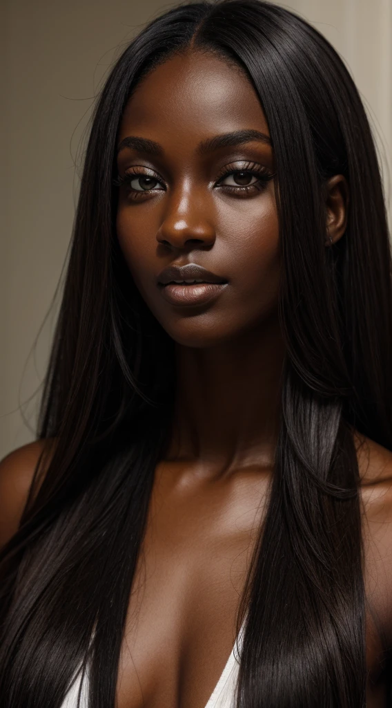 a close up of a woman with long hair and a white shirt, dark black skin tone, adut akech, dark black skin, dark brown skin, very dark brown skin!, dark skin tone, dark skin, dark complexion, black skin!!!, dark-skinned, dark skinned, with brown skin, brown skin. light makeup, deep black skin