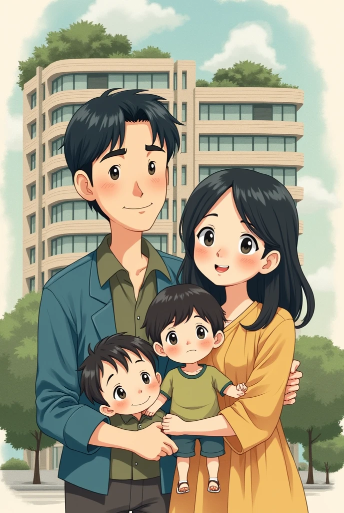 Ghibli-style illustrations。A commemorative photo of a friendly family of four。They are posing together in front of a stylish apartment building.。The father is、Droopy eyes and frown eyebrows、A little bit of aquiline nose、Two-block haircut, medium build。Her mother is a woman with medium-long hair and big eyes, and looks like the Japanese singer Chay.。The eldest daughter is 3  and resembles her father, with droopy eyes, furrowed eyebrows, and a lively appearance.。The eldest son is 0 years oldnth, my eyebrows are droopy and my eyes are round.、A simple face with slightly slanted eyes。