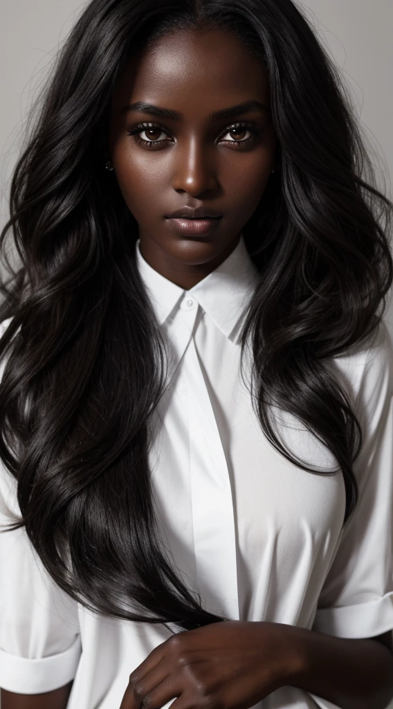 a close up of a woman with long hair and a white shirt, a black and white photo by Alexander Mann, tumblr, hurufiyya, dark black skin tone, adut akech, dark brown skin, dark black skin, very dark brown skin!, dark skin tone, dark skin, dark complexion, black skin!!!, dark-skinned, dark skinned