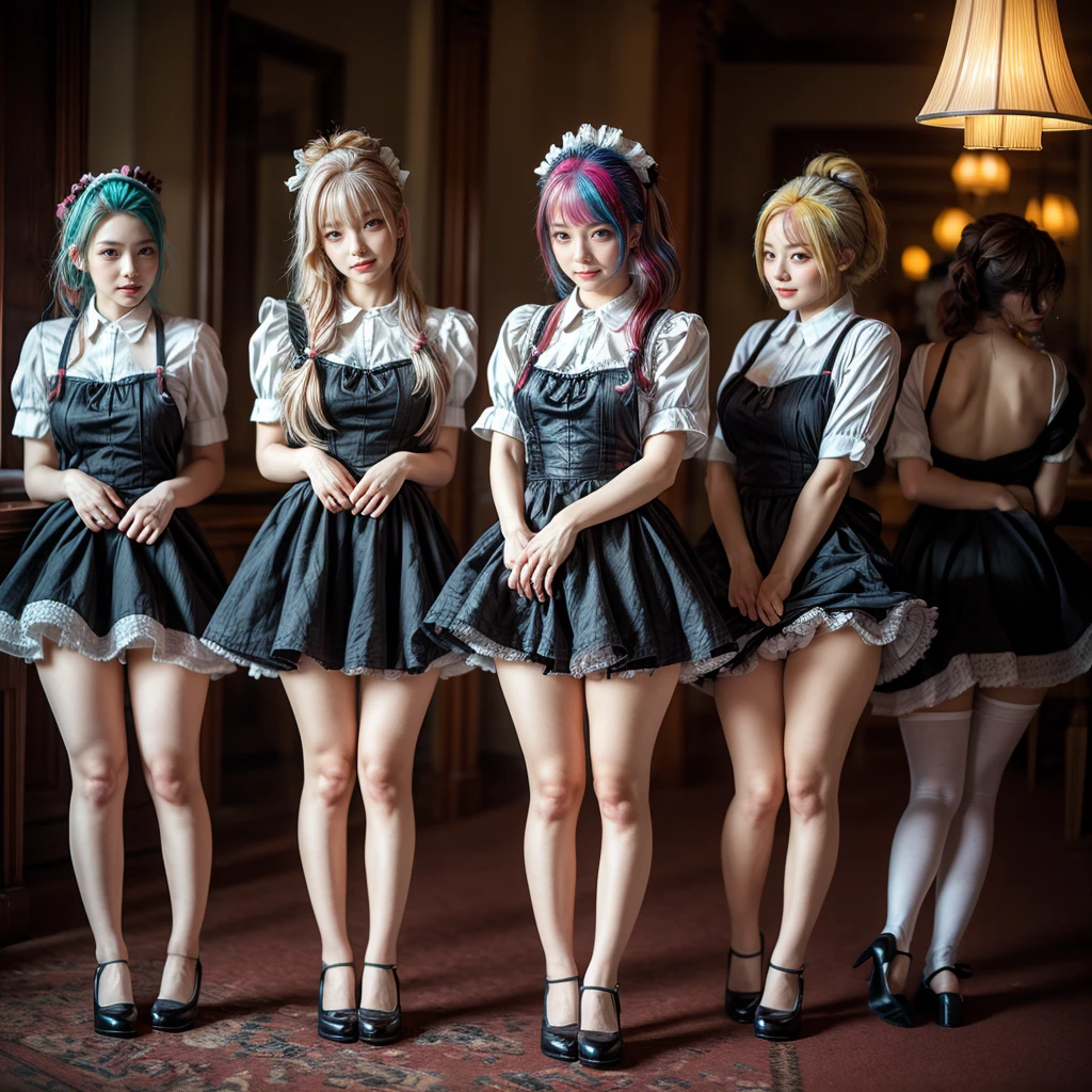 (Fisheye Lens Full Body wide Shot), (Extremely Detailed((Kawaii Maid Group in a row:1.37))), Childish perfect face, Reflective Eyes, Detailed(Delicate Clothing textures), Dynamic Joyful Expressions LifeLike Rendering, Specular Reflection, TopQuality 8K Ultra-detailed masterpiece (ProfessionalPhoto:1.37), (Acutance:0.8), (Luminism:1.28), (Renaissance art style), Colorful Light particles, ((Full body from side)), {MicroMini(SkirtLift)|Kissing|Hugging|Undressing}, Radiant Fine Skin with Transparency, (Exposed:0.5), (They all have different hair colors:1.6), Perfect Lighting 