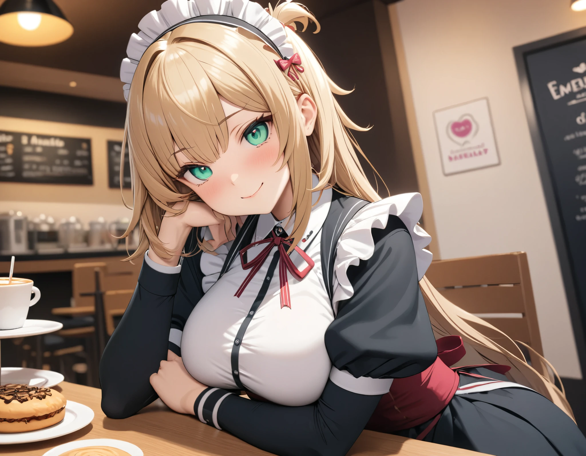 masterpiece, highest quality, ,Maid headdress, Maid Cafe,smile,closed mouth,emerald eye,akaihaato