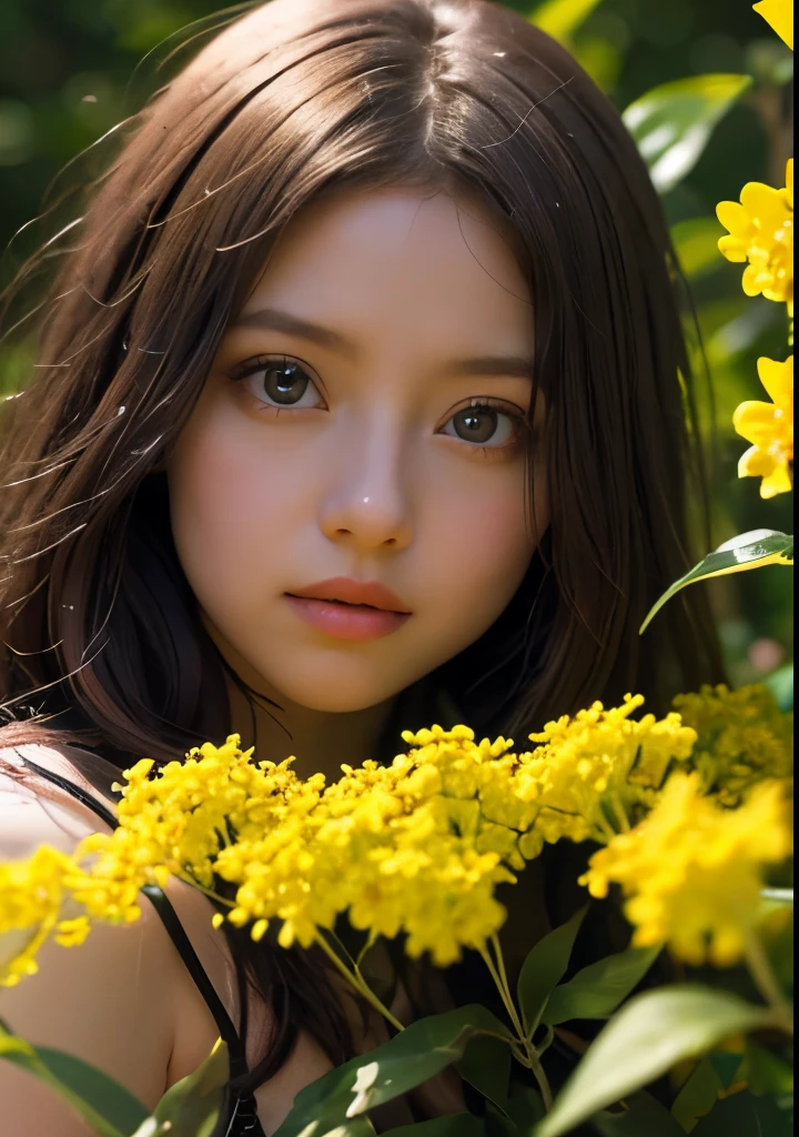 Psychedelic world、Gothicta、Cute 1、18-year-old girl、Big eyes、Small breasts、Light Goldenrod Yellowの髪、Colorful flowers background、Fractal Background、Perfect lighting、Sharp focus、High resolution、High resolution、High color reproducibility、High resolution、Advanced Processing、Ultra-realistic、Realistic