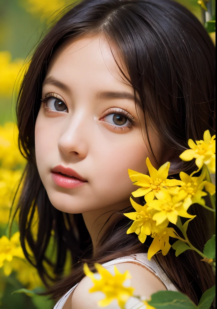 Psychedelic world、Gothicta、Cute 1、18-year-old girl、Big eyes、Small breasts、Light Goldenrod Yellowの髪、Colorful flowers background、Fractal Background、Perfect lighting、Sharp focus、High resolution、High resolution、High color reproducibility、High resolution、Advanced Processing、Ultra-realistic、Realistic