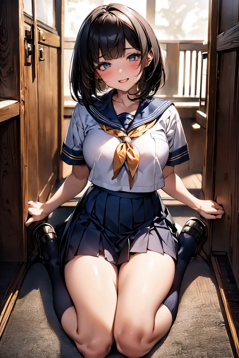 Browsing Caution,​(Highest quality, 8k, masterpiece:1.3,beautiful girl), (Very detailed)Glowing Skin,((Short sleeve, cute navy sailor suit, Navy Pleated Skirt, Navy sailor collar, Blue Sailor Scarf, socks, Brown Loafers)), ,(Perfect Anatomy, Anatomically correct, Very detailed肌),((Golden Eyes)),((Perfect Fingers,Five Fingers)),((Black Hair,Bobcut,)),Natural Makeup,Smile in full bloom、School、entrance、Rear View、cheeks turn a little red,Please put your shoes back on,Her breasts are visible through her loose clothing