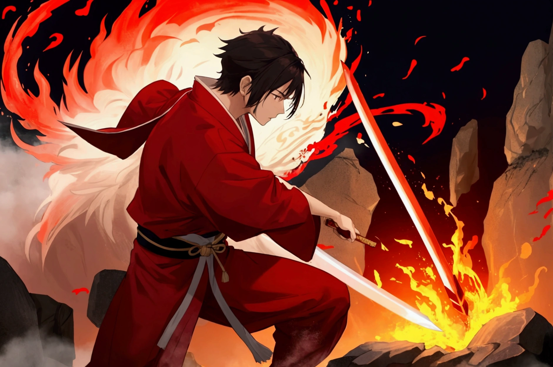 Japanese anime swordsman wearing a red outfit, a red robe, standing in front of a Japanese village, holding a red sword on fire, using the ultimate move, the Fire Dragon move.