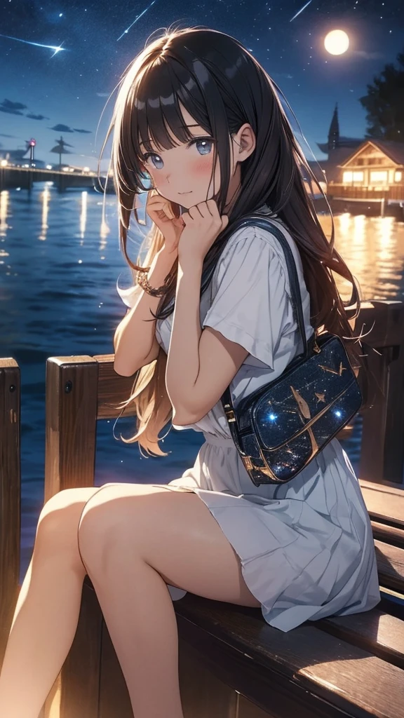 The girl is sitting on the pier, Stretch your legs out towards the sparkling water. overhead, The bottomless night sky is studded with stars, The full moon reflected on the water, Make a sparkling path. Her bag is next to her, Like a faithful friend. The blue one is leaning against a wooden railing., Put her head on her hands, And gaze thoughtfully at the moonlit road