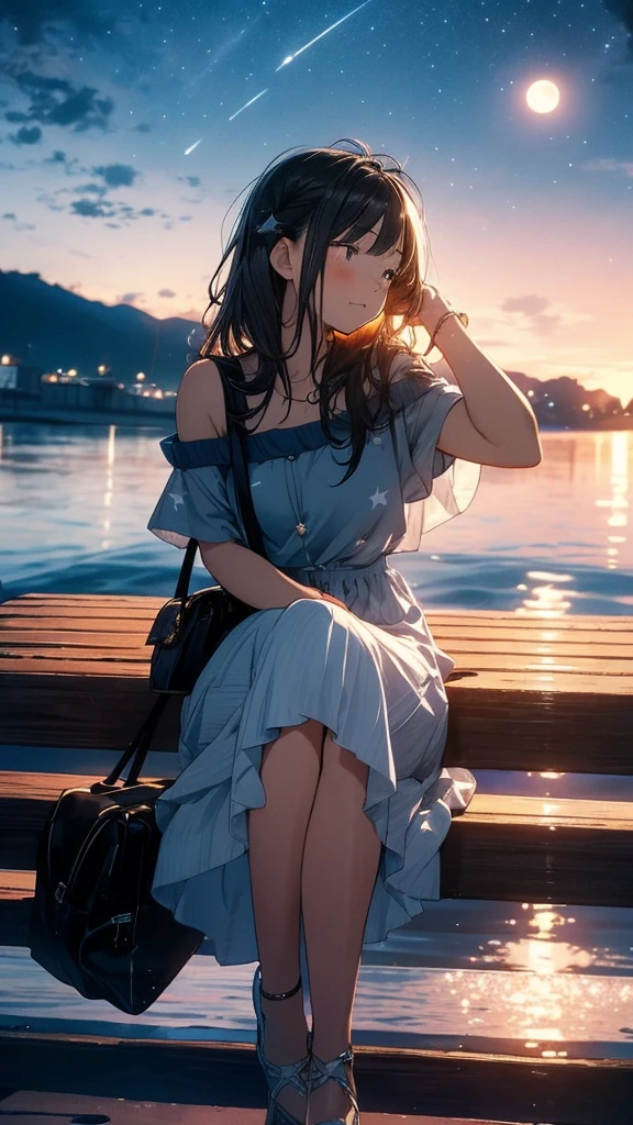 The girl is sitting on the pier, Stretch your legs out towards the sparkling water. overhead, The bottomless night sky is studded with stars, The full moon reflected on the water, Make a sparkling path. Her bag is next to her, Like a faithful friend. The blue one is leaning against a wooden railing., Put her head on her hands, And gaze thoughtfully at the moonlit road