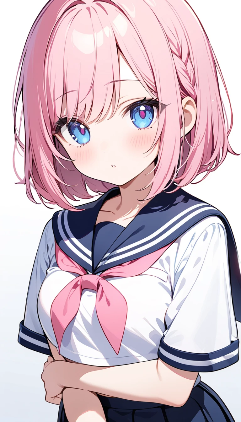 ((chibi style:1.5)), (1 girl), (Best Picture Quality, 8K, Masterpiece:1.3), (high school student:1.5), ((pink lob hair:1.1)), (bob cut), (swept bangs), (cute eyes, pupil black, iris skyblue, youthful face), (mole under right eye), (standard weight), (small breasts), (big hip), (glistening skin:1.1), (pale skin:1.2), BREAK, ((serafuku, white sailor short sleeve simple shirt, darkblue skirt, darkblue sailor collar, pink ribbon)), BREAK white background,