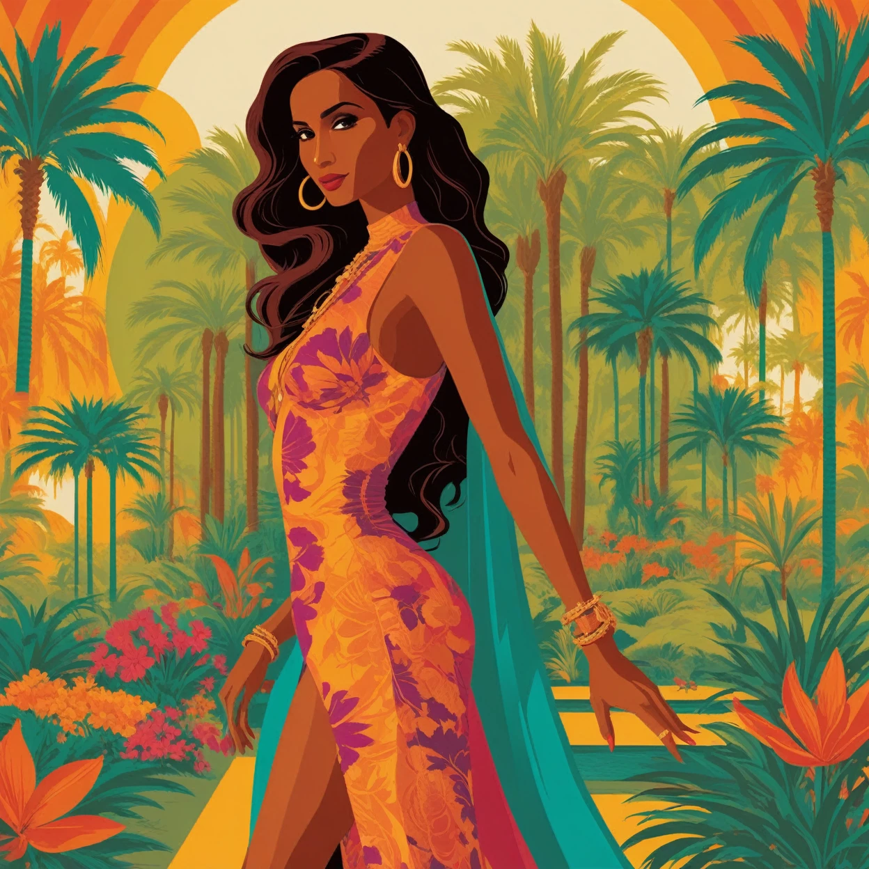 iman vellani concept poster art, full body portrait in private oasis . digital art by Tom Whalen, bold lines, Vibrant, saturated colors, dynamic fusion of retro and contemporary elements