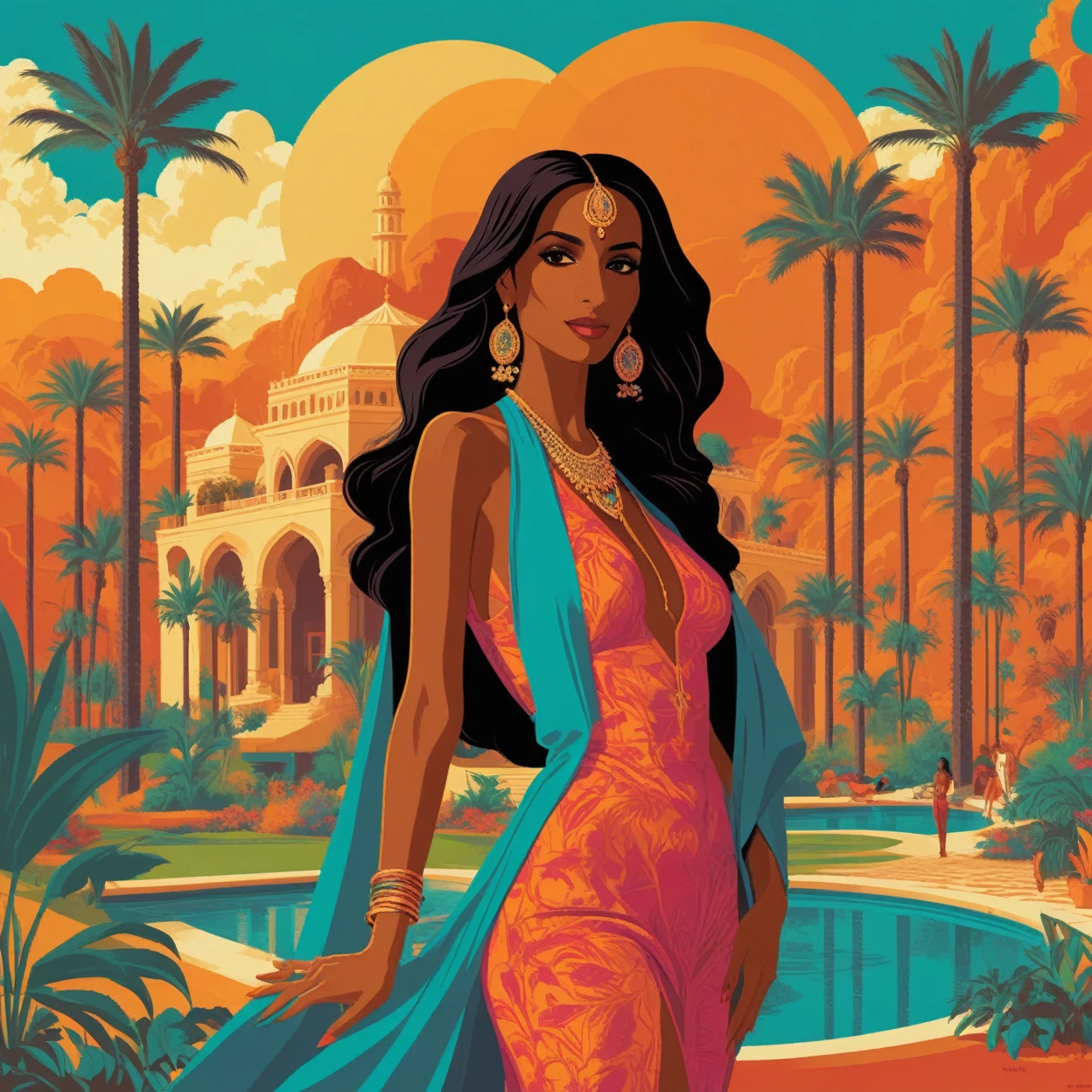 iman vellani concept poster art, full body portrait in private oasis . digital art by Tom Whalen, bold lines, Vibrant, saturated colors, dynamic fusion of retro and contemporary elements