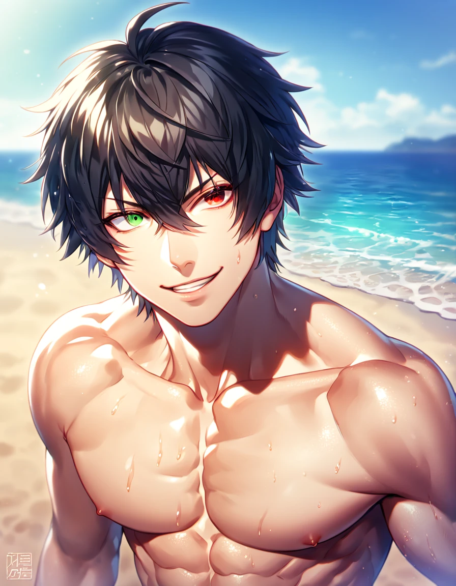 absurdres, highres, ultra detailed, HDR, master piece, best quality, detailed eyes, extremely detailed, delicated features, Fushiguro Touji, straight black hair, expressive green eyes, Jujutsu Kaisen, solo, sexy man, handsome, sensual, manly man, erotic, bare chest, black shorts, summer, sea, beach, blue sky