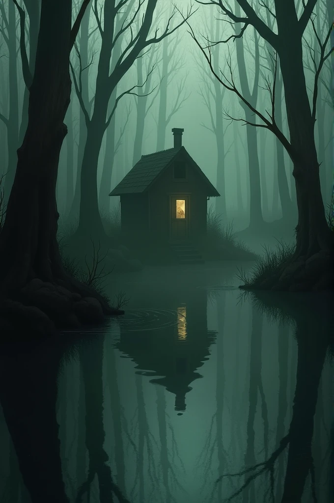 **Cover Idea for "Swamp Whispers"**

### Detailed Description:

1. **Background:**
   - **Swamp Environment:** The cover should capture the mysterious and dark atmosphere of the swamp. The background can be a misty landscape, with tall, twisted trees emerging from the mist, partially submerged in dark waters. These trees have thin branches that look like outstretched hands, as if they were trying to reach something or someone.
   - **Paleta de cores:** dark green tones, gray and black dominate the scene, with light touches of deep blue to create a cold and desolate atmosphere. The fog is whitish, almost ghostly, contrasting with the darker background.

2. **Elementos visuais:**
   - **Isolated Cabin:** To the left of the cover, a worn wooden cabin, with sloping roof and small windows, is partially hidden by fog. A faint light can be seen emanating from one of the windows, suggesting the presence of something or someone inside. The cabin is surrounded by dense bushes and undergrowth that blends into the darkness of the swamp.
   - **reflection in the water:** Na parte inferior da capa, a distorted reflection of the cabin and trees is visible in the swamp water. however, between the reflections, you can glimpse the vague and subtle image of a female face, with an expression of sadness and mystery. This face is Eliza&#39;s, creating a direct connection to the story&#39;s plot.
   - **Visible Whispers:** Small swirls in the water or mist emanating from the trees and cabin, como se fossem whispers, form incomplete and fragmented words that seem to float in the atmosphere around them. these "whispers" could be subtle inscriptions, almost imperceptible, blending into the mist.

3. **Title and Caption:**
   - **Title Positioning:** The title "Swamp Whispers" is located at the top of the cover, in an elegant serif font that evokes something ancient and mysterious. The font color is white or pale gray, which contrasts well with the background.