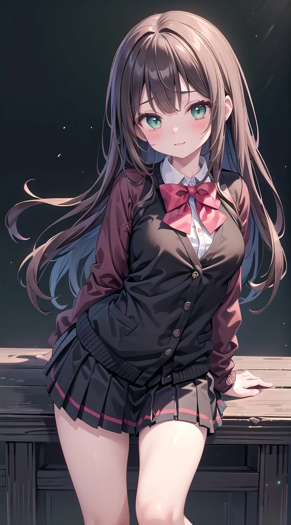 ((Tabletop, Highest quality, High resolution, Hmph, Pixel perfect, Depth of written boundary, 4K, Hmph, Hmph))), One Girl, single, alone, Beautiful Anime, Beautiful art style, Anime characters, ((Long Hair, bangs, Dark brown hair, Curly Hair:0.8)), ((Green Eyes:1.4, Detailed eyes, Beautiful Eyes, Perfect Eyes,Curled eyelashes, Realistic eyes)), ((Detailed face, blush:1.2)), ((Smooth texture:0.75, Realistic texture:0.5, Anime CG style)), Large Breasts, Dynamic Angle, Big Breasts, Perfect body, Dynamic pose, ((Red bow tie, school uniform, Black jacket, Open jacket, Brown cardigan, White shirt, Black Skirt, Checked skirt)), smile, Open your mouth, Put your arms behind your back, Leaning forward, Amalment Park, ((close, throw, cute, Shoot in the face))