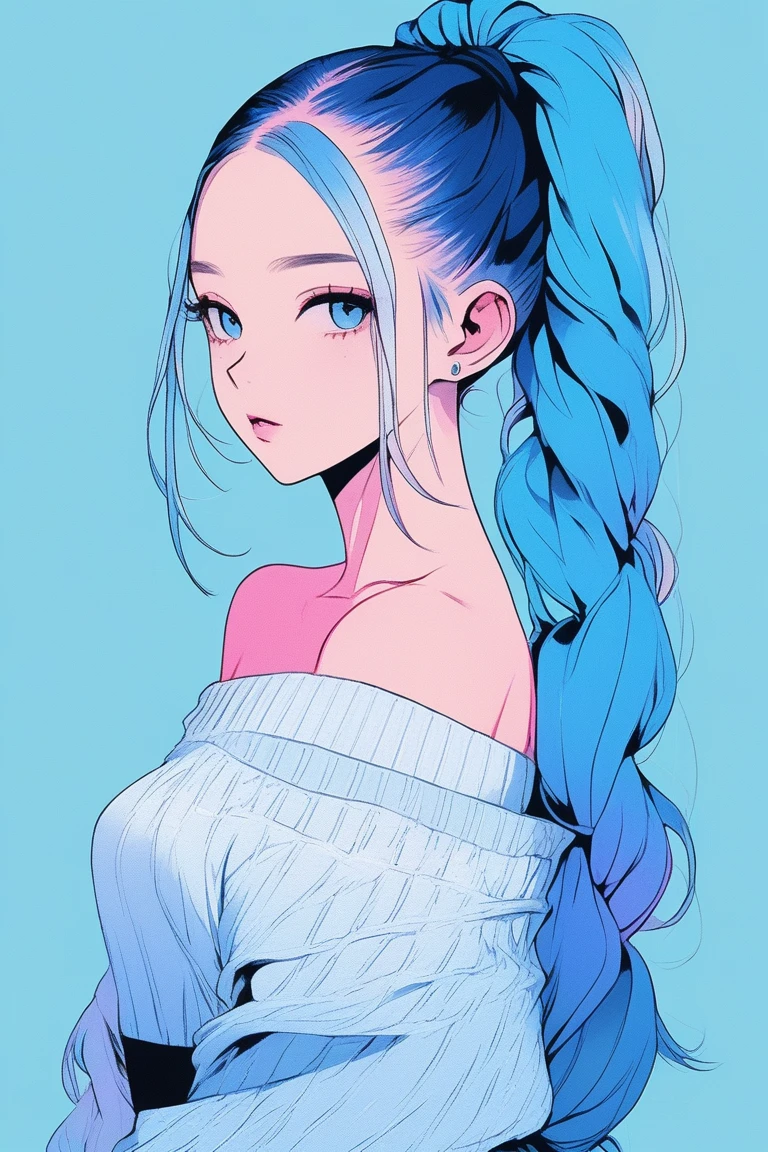 Illustrator, anime , Realistic ,sketch , 1 person, ,lip, Off-the-shoulder knit dress, (((whole body))), order, Blue gradient background, Neon long ponytail hair,Texture Trim, Canadian, (masterpiece,Highest quality) cancer