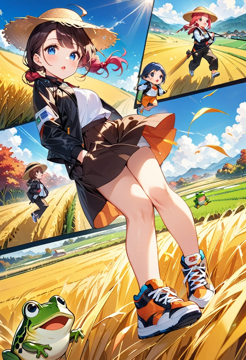 Highest quality、High resolution、Detailed Background、Beautiful face in every detail、Anatomically correct、Detailed facial expressions、fine grain、Movie Posters、((full body, from below:1.2, side shot, looking away:1.2)), break ((One Girl:1.2)、((Chibi Girl:1.2)))、Bright pretty hair color、Big beautiful blue eyes、Fuller lips、Pink Lips、Braided twintails、Ahoge、(Rice harvesting specialist:1.2)、(Cute black leather jacket、Cute workwear、Cute sneakers、Straw hat)、break ((Harvesting rice in the rice field:1.2、手にはEar of riceを持つ))、((The background is a peaceful autumn rural landscape.、Ear of rice、Intense sunlight))、(The frog is jumping:1.2)