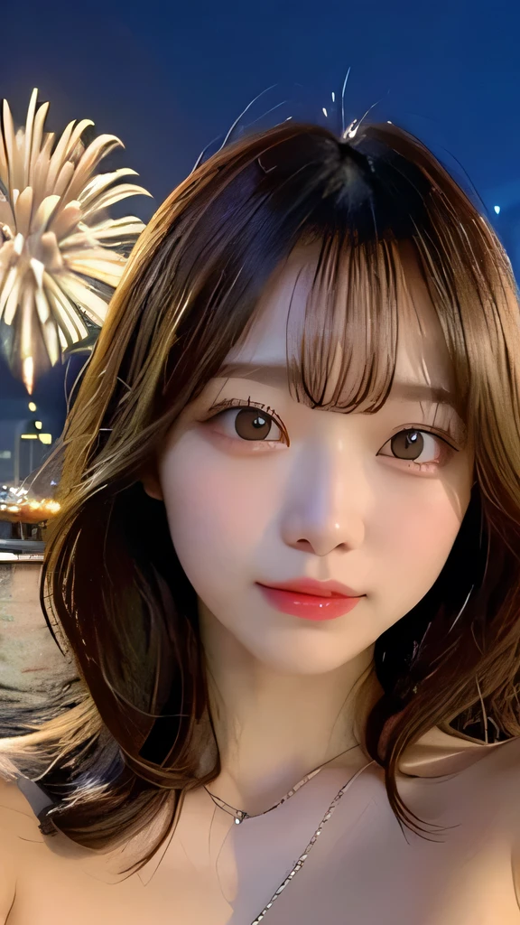 Tabletop, Highest quality, shape, Very detailed, High resolution, 8k wallpaper, Perfect dynamic composition, Ultra detailed face,  Natural Lip , Cleavage, whole body, The eyelashes on both eyes are equal and beautiful., Selfie, looking at the camera, Fireworks venue, night, (naked)
