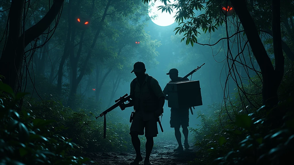 Two Cambodian hunters carrying guns carrying a treasure chest through the jungle at night with many red-eyed spectacles 8k