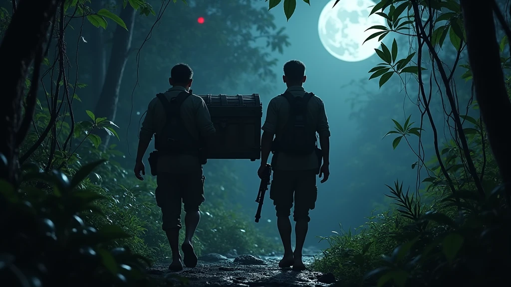 Two Cambodian hunters carrying guns carrying a treasure chest through the jungle at night with many red-eyed spectacles 8k