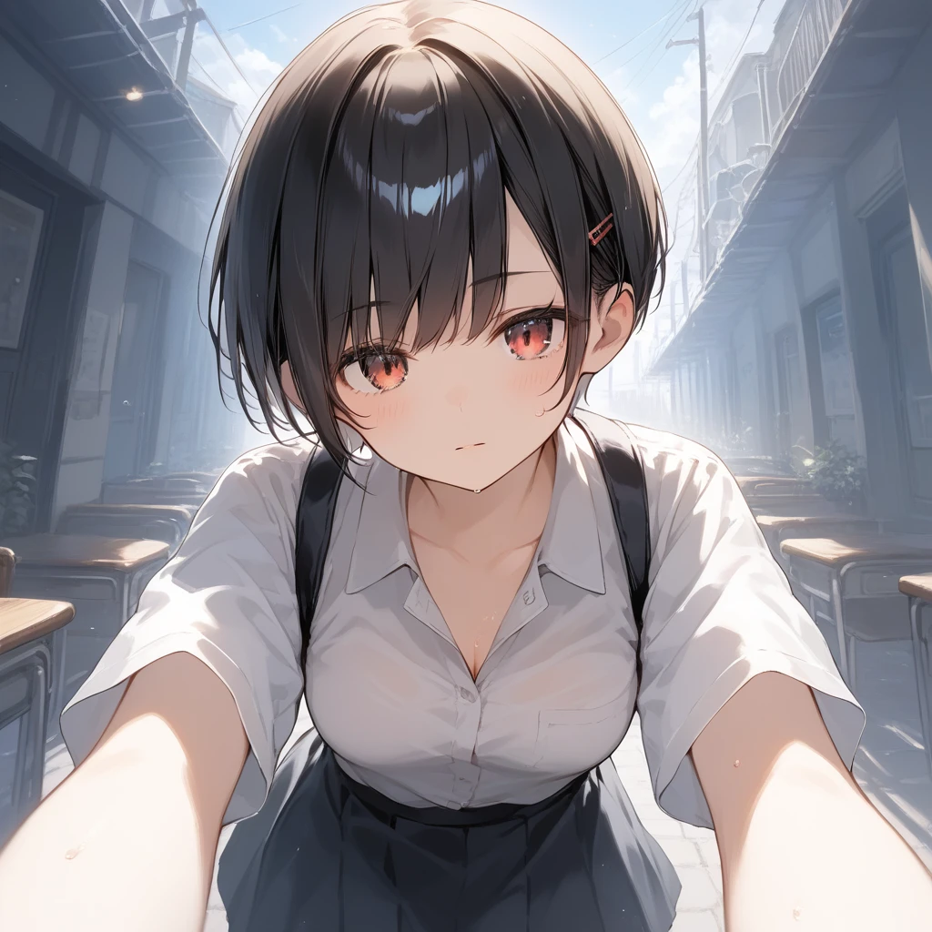 score_9, score_8_up, score_7_up, source_anime, best quality, masterpiece, official art, absurdres, highres, ultra-detailed,waifu2x,Collection: Pixiv 1000,break,1girl, girl, very short hair, pixie cut, medium breasts, slender, beautiful detailed eyes, expressionless, skirt, sweat, sleepily, (disgust:0.3), pov, night, outdoors, break,(clear line illustration:1.2), super detailed skin, shiny skin, very high resolution, very aesthetic, Best sexual lighting powered by famous artist, 4k, 8k, 16k, cute picture, beauty illustration,photoshop_(medium),,(Detailed Lighting),best anime 8k konachan wallpaper, pixiv contest winner,
