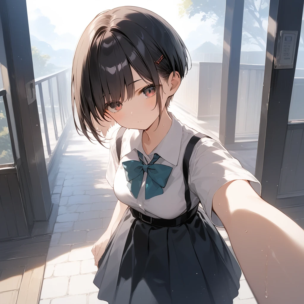 score_9, score_8_up, score_7_up, source_anime, best quality, masterpiece, official art, absurdres, highres, ultra-detailed,waifu2x,Collection: Pixiv 1000,break,1girl, school girl, very short hair, pixie cut, medium breasts, slender, beautiful detailed eyes, expressionless, skirt, sweat, sleepily, (disgust:0.3), pov, night, outdoors, break,(clear line illustration:1.2), super detailed skin, shiny skin, very high resolution, very aesthetic, Best sexual lighting powered by famous artist, 4k, 8k, 16k, cute picture, beauty illustration,photoshop_(medium),,(Detailed Lighting),best anime 8k konachan wallpaper, pixiv contest winner, 