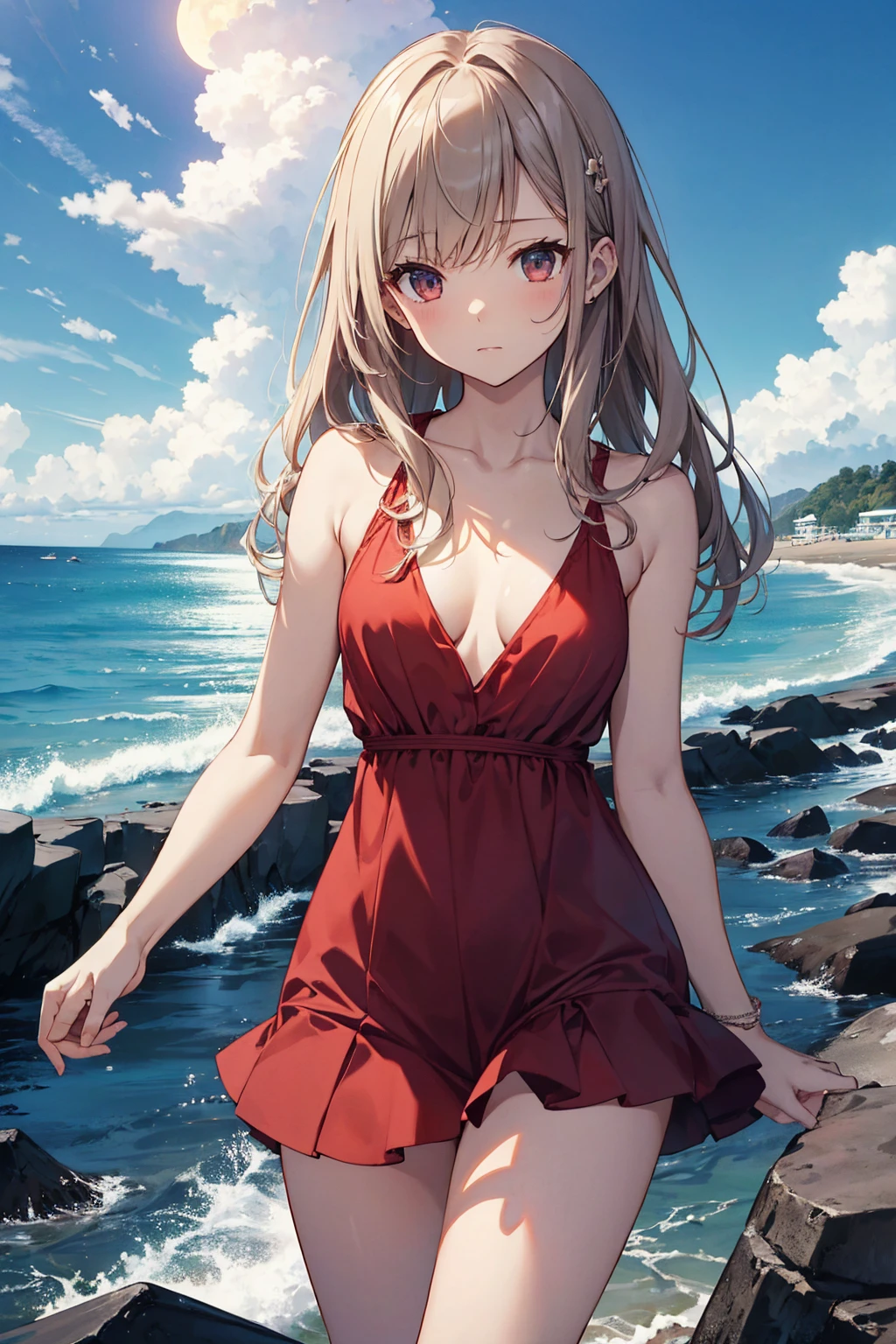 masterpiece, Beautiful beach views, cloudy, moon, at night，beautiful girl，The whole body is visible，Tight ankles，Red dress，Sleeveless，Small breasts，Flat chest，Slender beauty，((Highest quality)), (Very detailed), (High-definition CG synthesis 8k wallpaper), 高いly detailed,  高い-definition raw colbor photos, Professional photography,  Written boundary depth,