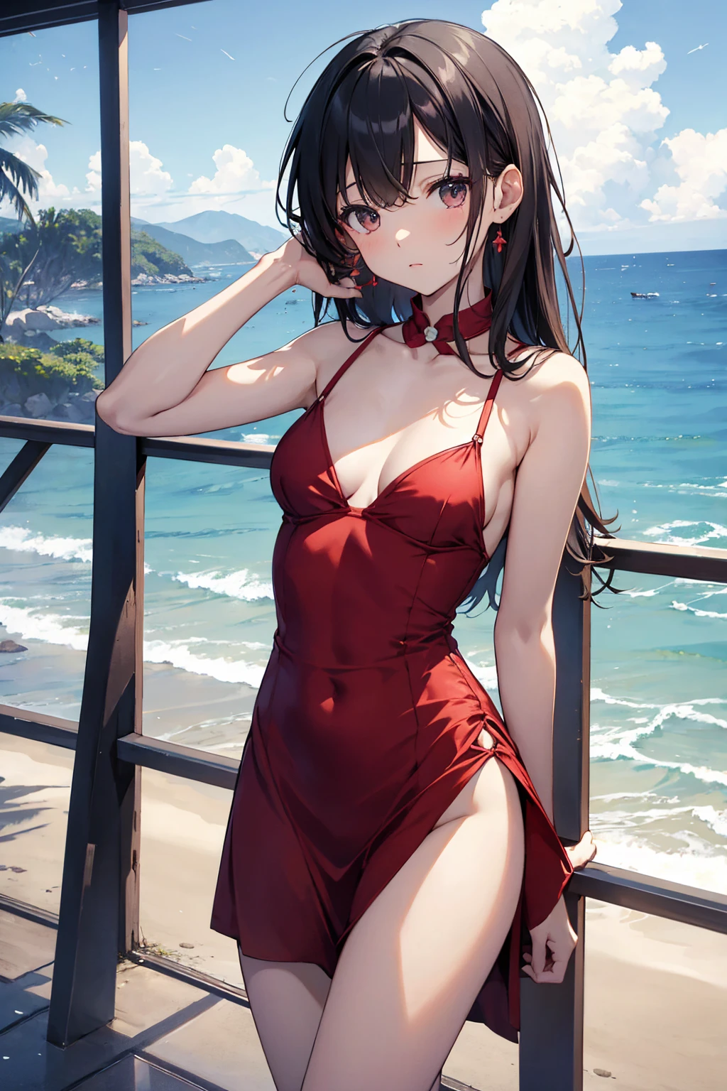 masterpiece, Beautiful beach views, cloudy, moon, at night,beautiful girl,The whole body is visible,Tight ankles,Red dress,Sleeveless,Small breasts,Flat chest,Slender beauty,((Highest quality)), (Very detailed), (High-definition CG synthesis 8k wallpaper), 高いly detailed, 高い-definition raw colbor photos, Professional photography, Written boundary depth,