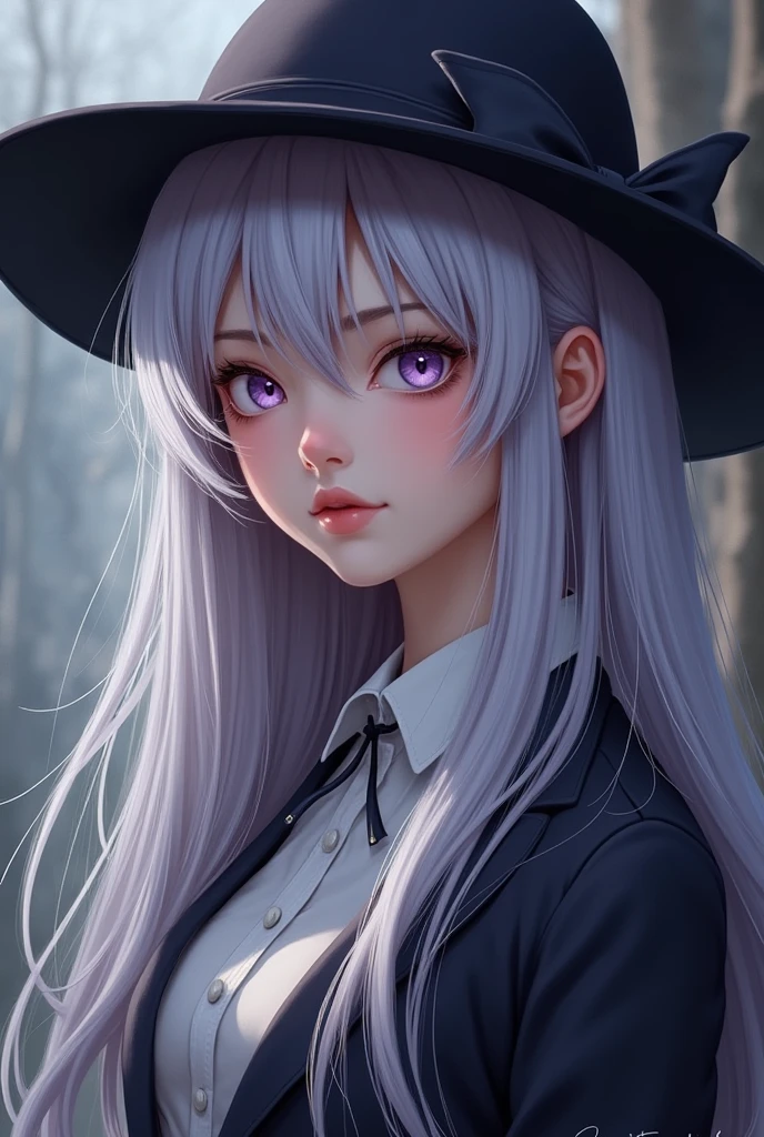 masterpiece, best quality, 1 girl, elaina_(may_no_Gossip), Silver hair, purple eyes, Long hair, hat