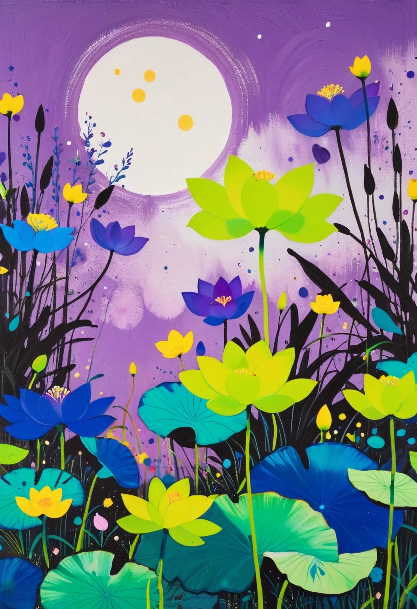 A painting:(((Colorful black,Chalk painting,Oil stick painting,Volume,Thick coating,Uneven texture,Plaster texture,Graffiti)))。Colorful black,Water Lily, Bright colors, Purple和, cute的, Bright colors,cute, Lavender Color and Color Schemes, 和Purple的配色方案, Beautiful Art, Purple, Whimsical Art, 和Purple色调, Lime and Violet, Close together,, spring, Inspired by Tomokazu Matsuyama, Delightful