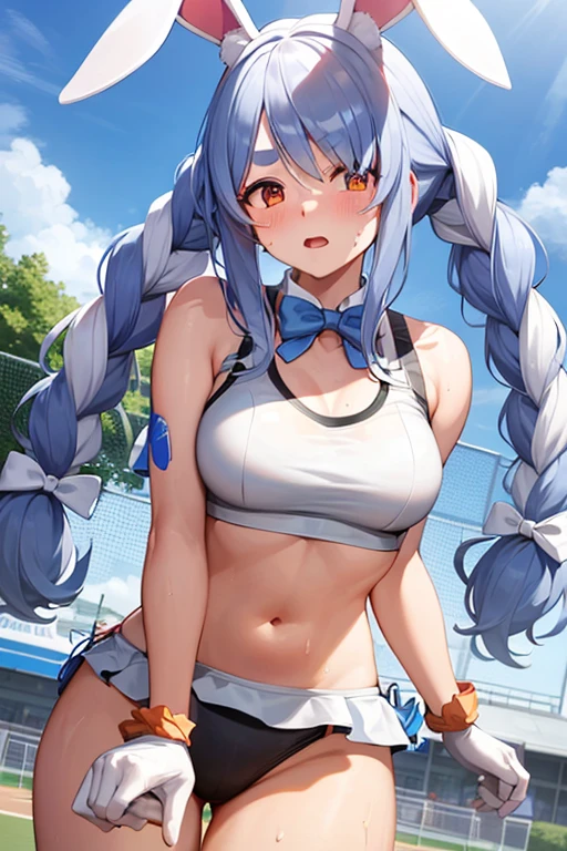 ccpekora, long hair, rabbit ears　Covered in sweat　Sports Bra　Sports Bikini　Schoolyard　Are standing　Proud　Doing well