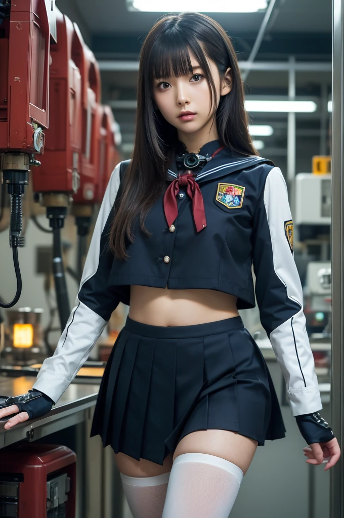 masterpiece, Best Quality, Extremely detailed, Japaese android highschool Girl,Plump ,Navy Pleated Mini Skirt,Black tights,control panels,android,Droid,Mechanical Hand, Robot arms and legs, Black Robot Parts,Black hair,Mechanical body,Blunt bangs,White abdomen,White Robotics Parts,perfect robot woman,The laboratory of the future,cyberpunked,Charging spot,android factory,Robot Factory,cyborg factory,Long Tube,A thick cable connects her neck,ceramic body,blue eyes,Mechanical body,android,robot humanoid,japanese highschool girl uniform,perfect robot girl