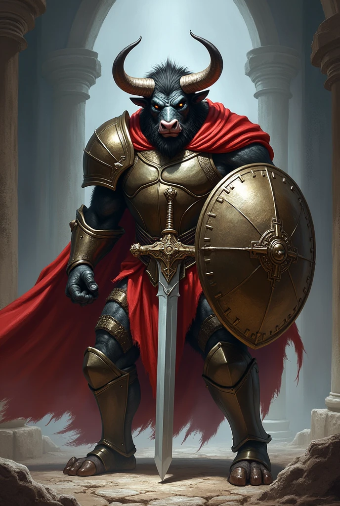 create an image of a minotaur paladin from dungeons and dragons revenge, With a sword and a shield, with light armor