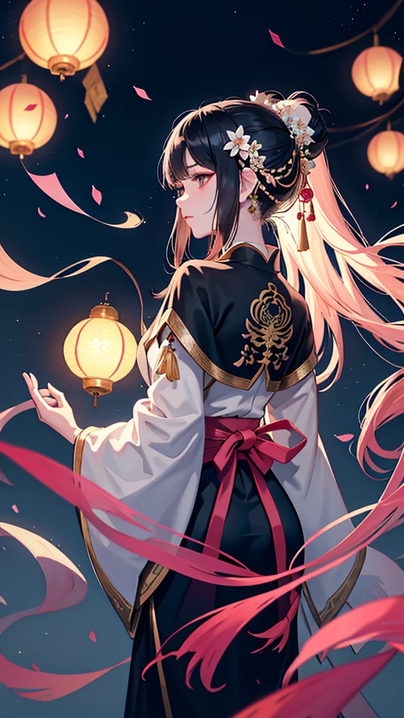 Gorgeous, Dynamic, visual impact, ink painting，watercolor smudge，1 girl, solo, long hair, black hair, hair accessories, long sleeves, flower, outdoor, sky, 毛flower, from behind, sash, contour, make up, night, China costume, Night Sky, light particles, lantern, architecture, paper lantern, Hanfu，1 girl, solo, black hair, hair accessories, long sleeves, Gorgeous silk dress, Pink Silk Hanfu，belt，long sleeves，damask，jewelry, Shut up, permanent, whole body, flower, Good, vague, flower petals, contour, night, China costume, 单Good, Flower-decorated hairpin，Loose long hair，红flower, Night Sky, light particles,Gold jewelry， bead, architecture, updo, Hanfu，light particles，Beautiful light source，high quality, best quality,8K CG, Ultra-detailed, HD, masterpiece, Watercolor oil painting，ink painting，ink painting color dyeing，bling，ancient art，The background is decorated with auspicious clouds and silk ribbons，Elegant and peaceful atmosphere，Concept art illustration，Light painting rendering，Zen style, In line with Chinese aesthetics，The beauty of imaginary artistic conception，Beautiful digital illustration，Pink peach flower petals surround her