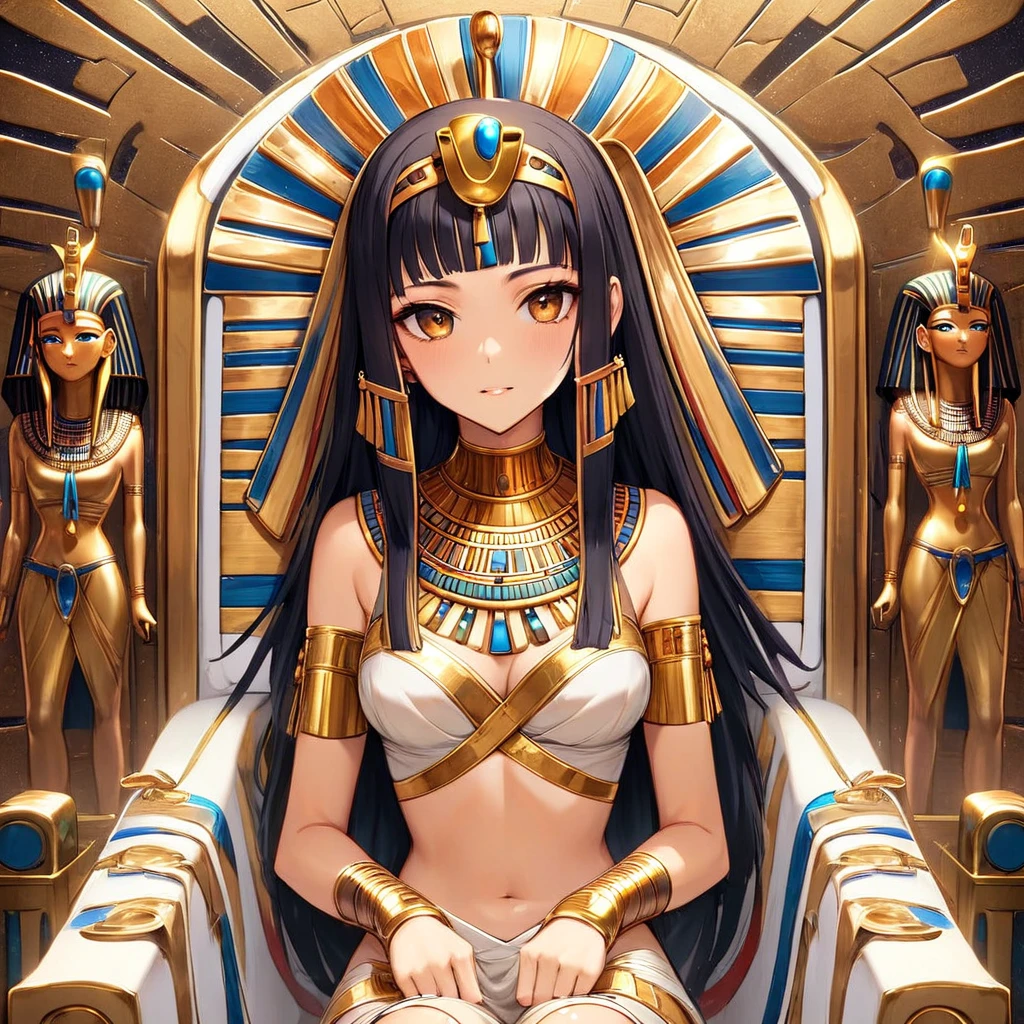 ((Highest quality)), ((masterpiece)), (detailed), (Perfect Face)、((The woman with the golden face of Tutankhamun is wearing the golden mask of Tutankhamun))、The woman with the face of Tutankhamun in ancient Egypt is Asuna Yuuki with bright brown hair, semi-long hair, and a magnificent Tutankhamun face wearing a Tutankhamun hat. Her face is completely Tutankhamun and she is wearing clothes like Cleopatra.、The woman is dressed as Tutankhamun of ancient Egypt.、A woman sits on an ancient Egyptian throne and reigns with the golden face of Tutankhamun