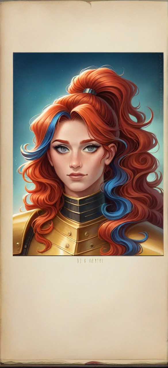 (8k, RAW photo, best quality, masterpiece:1.2), (realistic, photo-realistic:1.4), (extremely detailed CG unity 8k wallpaper), a full body (rogue:1.1) female wearing gold (leather armor:1.3), stiched worn out armor, (insanely detailed:1.5), gold and (white:1.5), Concept art portrait by Greg rutkowski, Artgerm, hyperdetailed intricately detailed gothic art trending on Artstation, fantastical, intricate detail, (small blue highlights:1), (redhead, wavy hair, high ponytail: 1.4)