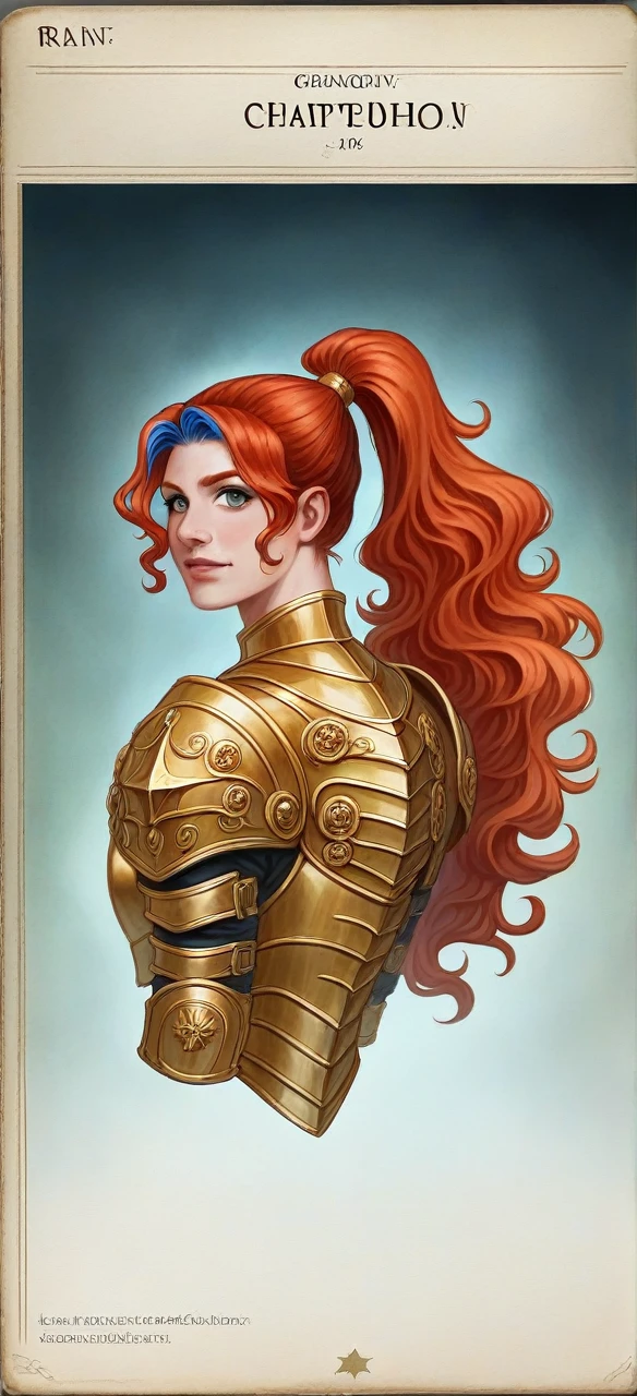 (8k, RAW photo, best quality, masterpiece:1.2), (realistic, photo-realistic:1.4), (extremely detailed CG unity 8k wallpaper), a full body (rogue:1.1) female wearing gold (leather armor:1.3), stiched worn out armor, (insanely detailed:1.5), gold and (white:1.5), Concept art portrait by Greg rutkowski, Artgerm, hyperdetailed intricately detailed gothic art trending on Artstation, fantastical, intricate detail, (small blue highlights:1), (redhead, wavy hair, high ponytail: 1.4)
