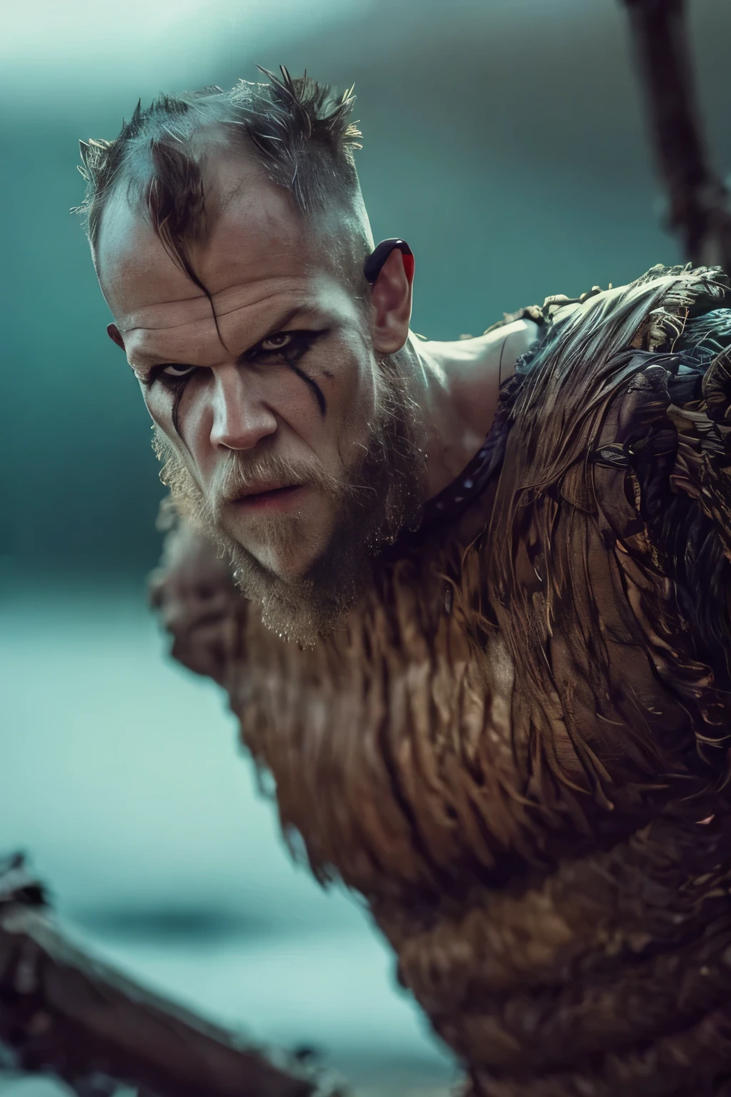 Hyper-realistic cinematic artwork of Floki from the Vikings series, captured in a dynamic pose with the sensation of movement, as if he's emerging from shadows in a dense, misty forest. His intense gaze and intricate facial tattoos are emphasized, reflecting his eccentric and mystical nature. The scene is bathed in a cold, harsh light that contrasts with the dark, ominous surroundings, capturing the grim atmosphere of the Viking era. The image should convey a sense of depth, with a strong focus on three-dimensionality, highlighting Floki's enigmatic and chaotic personality, set against the backdrop of the Norse world. (((Cinematic thunder background))).