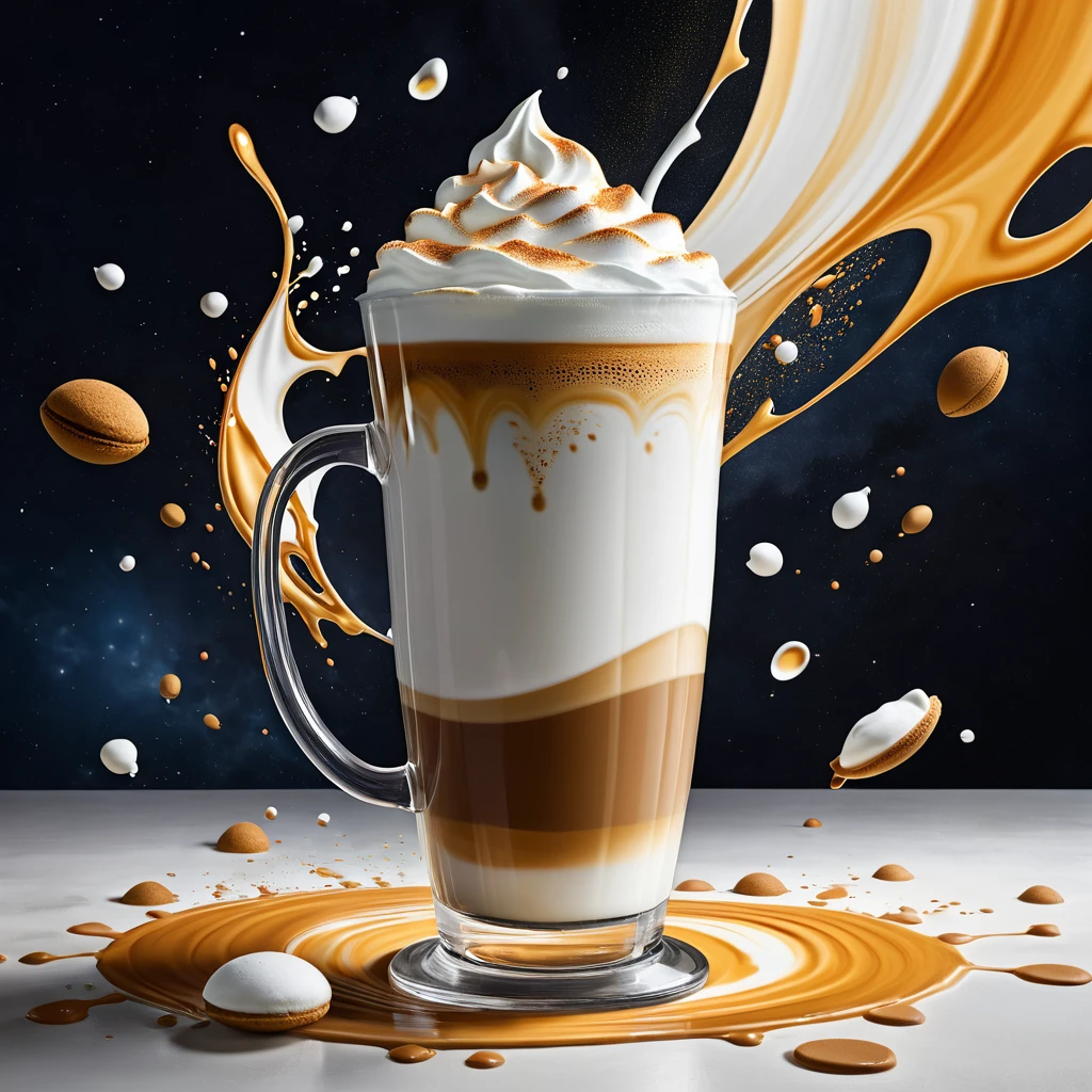 "Visualize an interpretation of a latte macchiato. Break down the shape of the latte macchiato into shapes and fragmented planes, To capture its movement and energy in a unique and abstract way. Incorporate bold colors and sharp angles, to convey a feeling of movement and tension. Play with perspective and layering, to create a multidimensional composition, which questions traditional notions of space and form. Be inspired by the avant-garde spirit of surreal realism and see nature in a fresh and innovative light.. Unleash your creativity, as you bring this imaginative scene to life on the screen 